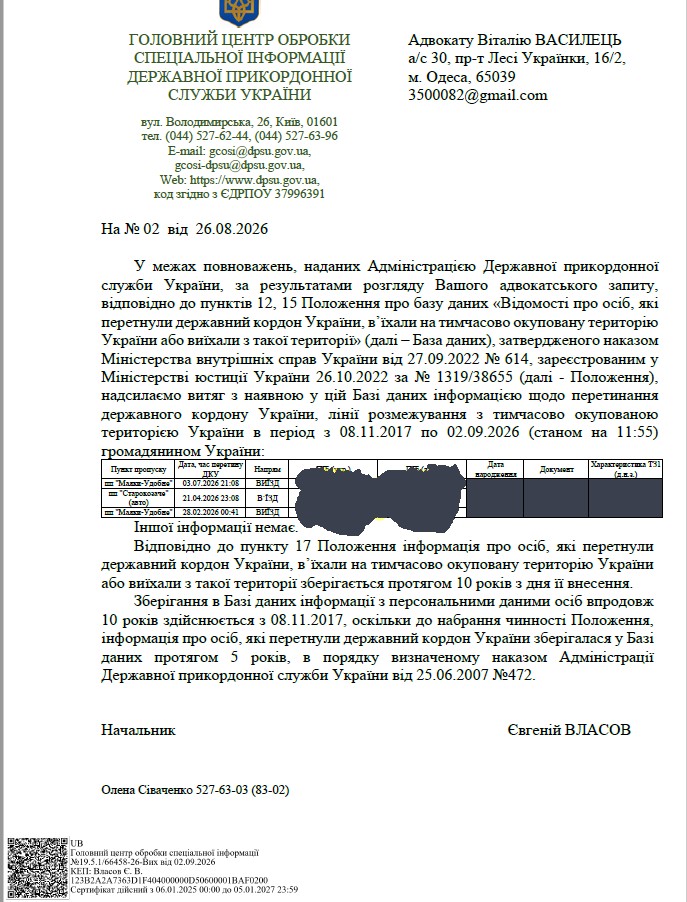 Довідка Головного центру обробки спеціальної інформації ДПСУ про перетин державного кордону, адресована адвокату Васильцю: посилання на Положення (наказ МВС від 27.09.2022 № 614), таблиця з пунктом пропуску, датою й часом, напрямком, документом і номером авто, підпис начальника Центру з КЕП